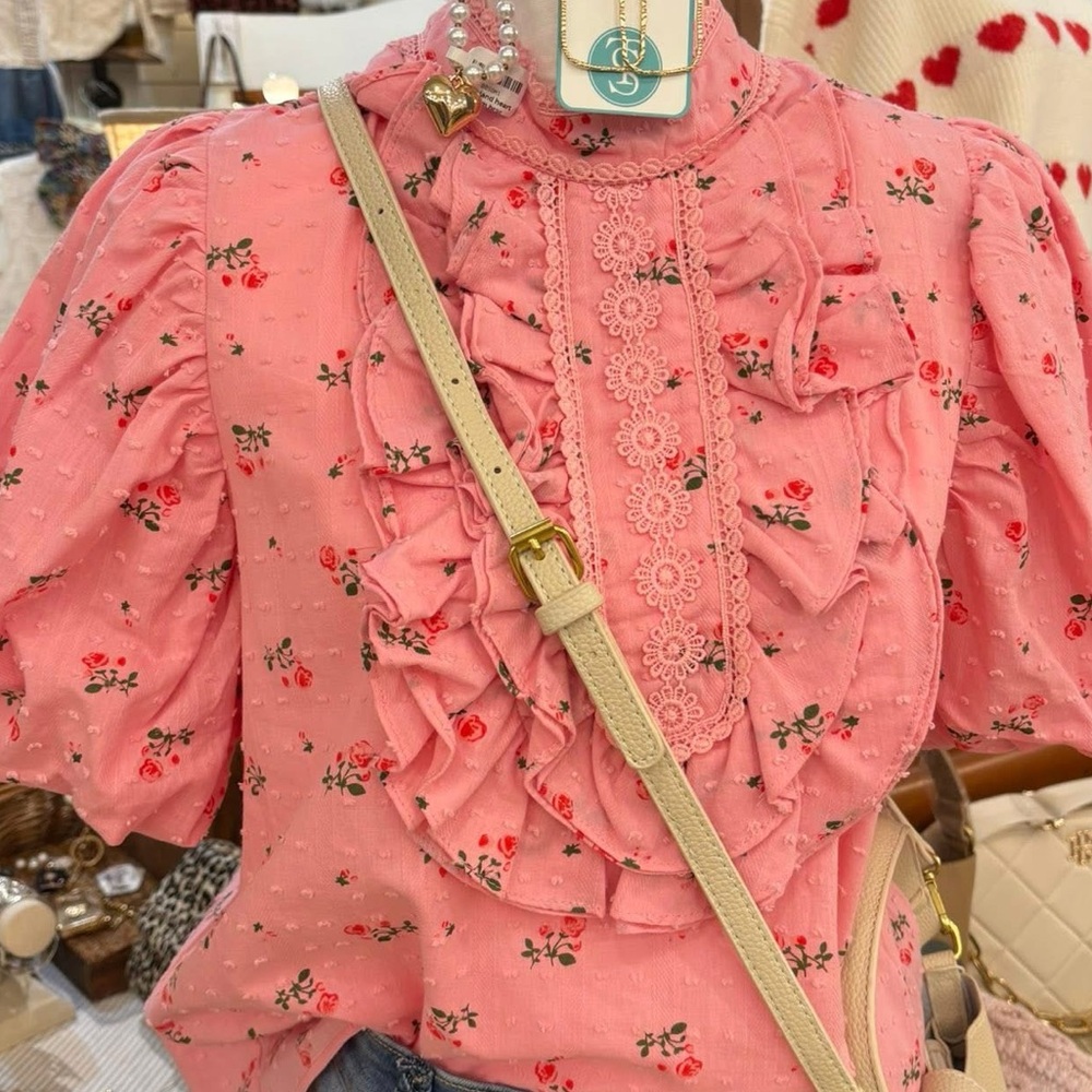 Pink Floral Ruffle Front Puff Sleeve Blouse - Picture 6 of 7